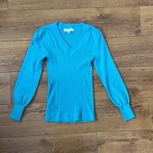 LOFT Blue V-Neck Sweater with Puffed Sleeves